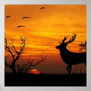 Affiches Sunset Deer Silhouette