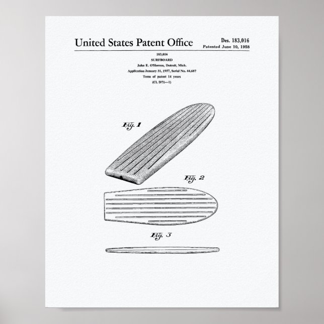 Affiches Surfboard 1958 Patent Art Livre blanc (Devant)
