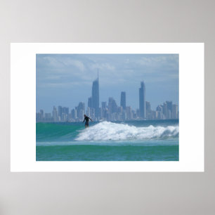 Affiches Surfer devant les gratte-ciel