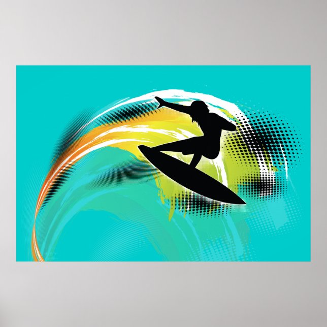 Affiches Surfer noir figure & vague colorée sur turquoise (Devant)