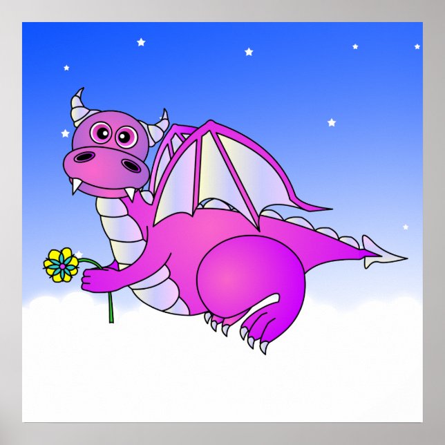 Affiches Sweet Dreams - Joli Dragon pourpre avec Fleur (Devant)