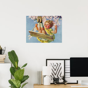 Affiches Swing vintage, Fille qui se balancent dans un arbr