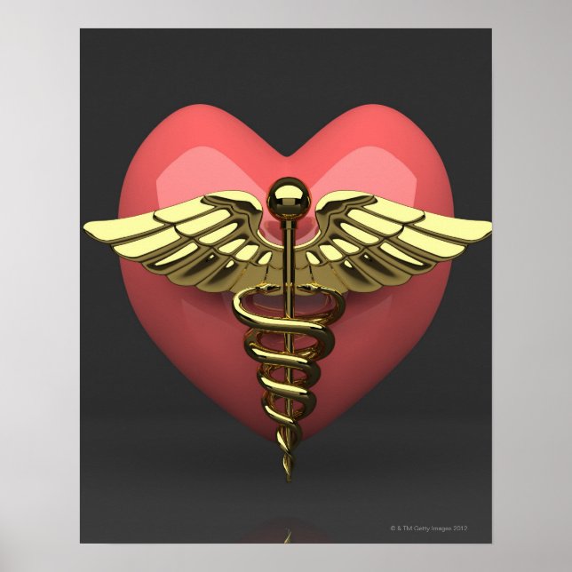 Affiches Symbole cardiaque avec symbole médical (caduceus) (Devant)