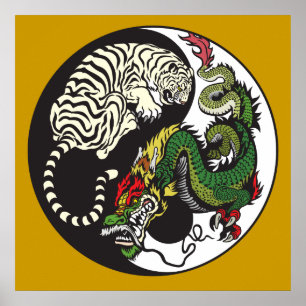 Affiches symbole du dragon vert et du tigre blanc yin yang