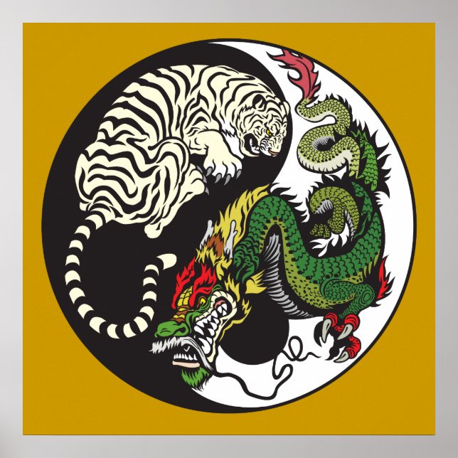 Affiches symbole du dragon vert et du tigre blanc yin yang (Devant)