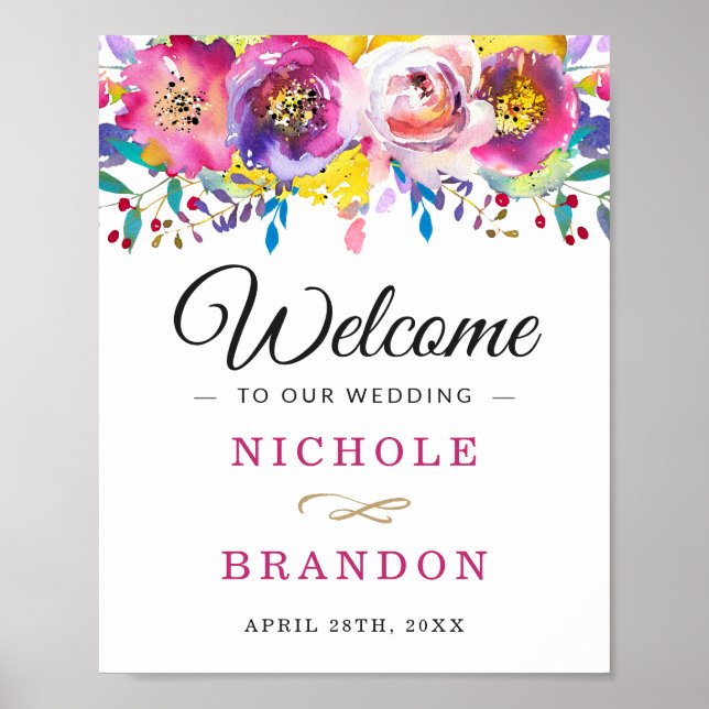 Affiches SYMBOLE Mariage Floral Fuchsia Gold Watercolor Spr (Devant)