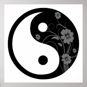 Affiches Symbole Yin Yang Floral Noir