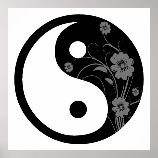 Affiches Symbole Yin Yang Floral Noir (Devant)