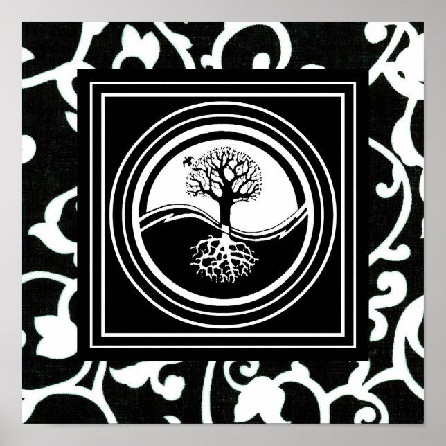 Affiches Symbole Yin Yang Tree Harmonie noire blanche (Devant)