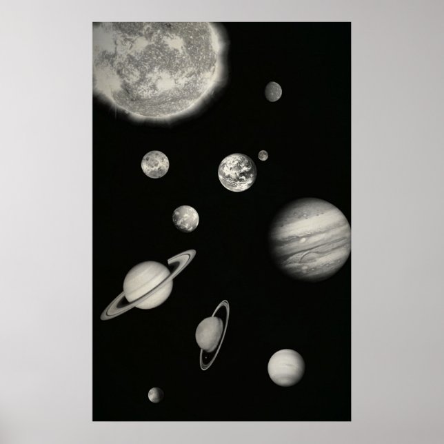 Affiches Système solaire noir et blanc dans l'espace (Devant)