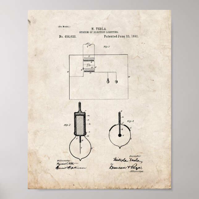 Affiches Système Tesla D'Éclairage Électrique Brevet - Vieu (Devant)