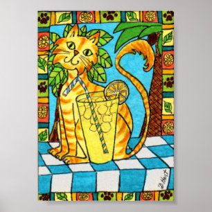 Affiches Tabby Jaune Chat & Verre de Lemonade Mini Art popu