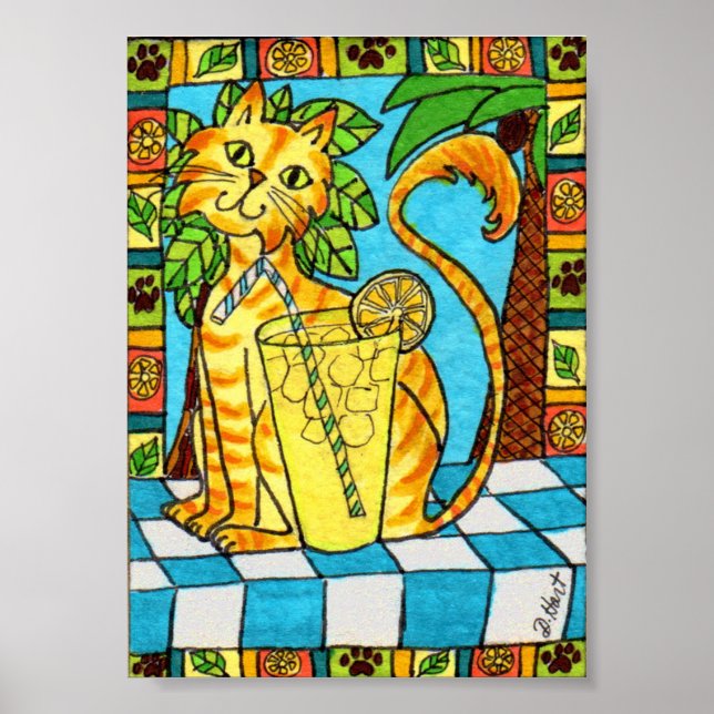 Affiches Tabby Jaune Chat & Verre de Lemonade Mini Art popu (Devant)