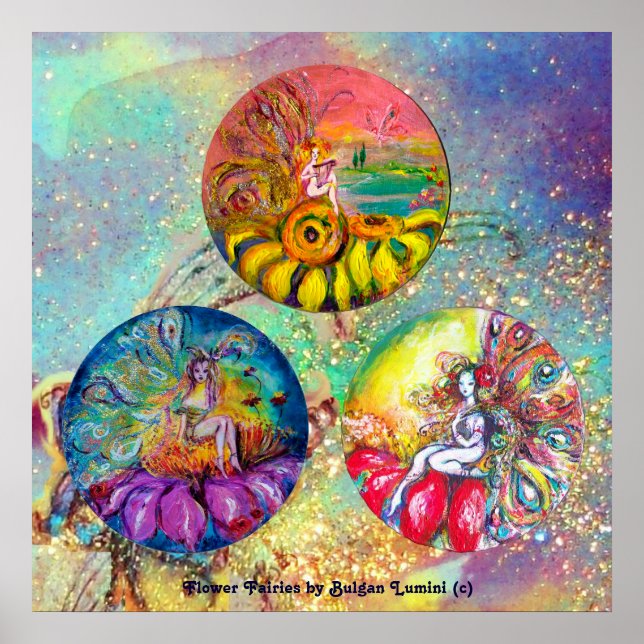 AFFICHES TAILLES DE FLEURS EN PARKLES D'OR VERT BLEU (Devant)