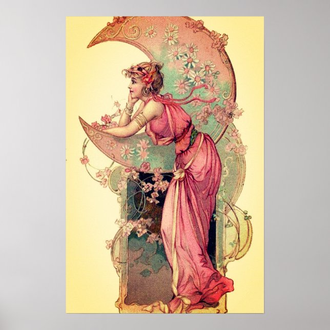 Affiches TAROTS / DAME DE LA LUNE AVEC FLEURS Rose Jaune (Devant)