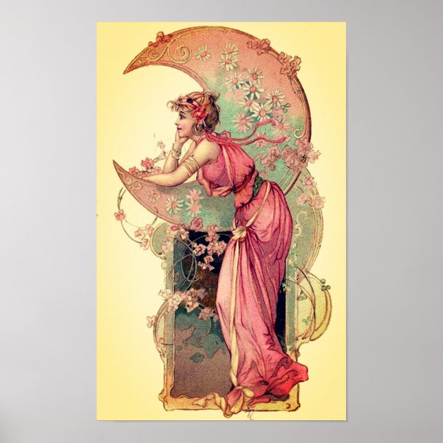 Affiches TAROTS / LADY DE LA LUNE AUX FLEURS JaUNE Rose (Devant)