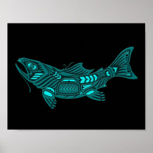 Affiches Teal Blue Haida Spirit Fish on Black