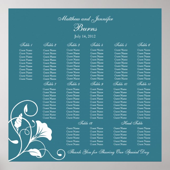 Affiches Teal Blue Square Wedding Reception Seating Chart (Devant)