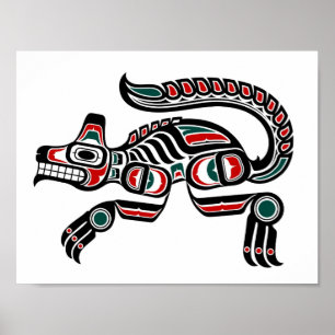 Affiches Teal rouge et loup noir d'esprit de Haida