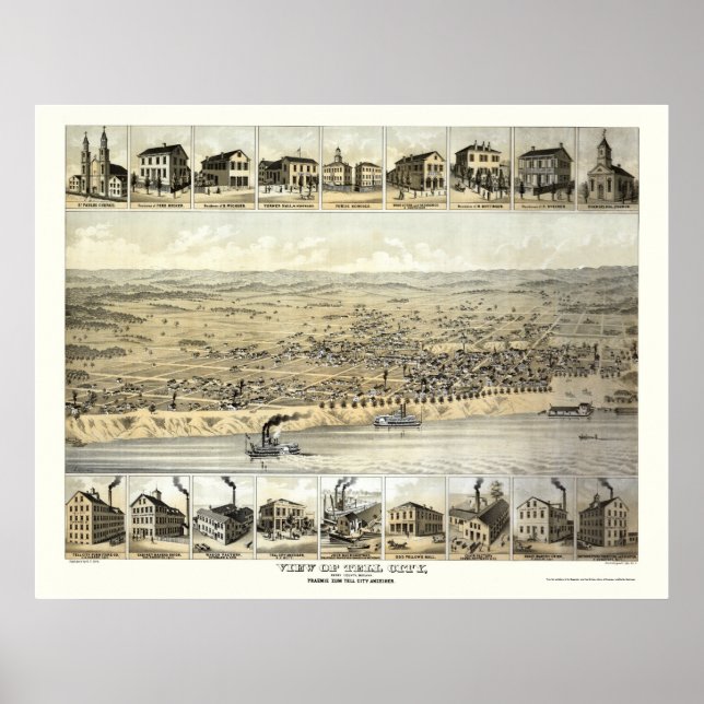 Affiches Tell City, IN Panoramic Map - 1870's (Devant)