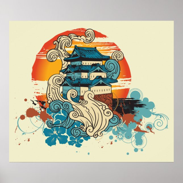 Affiches Temple asiatique Pagode et soleil imprimé personna (Devant)