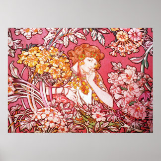Affiches Tête rouge parmi les fleurs, Alphonse Mucha