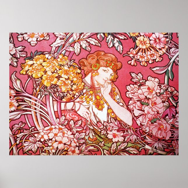 Affiches Tête rouge parmi les fleurs, Alphonse Mucha (Devant)