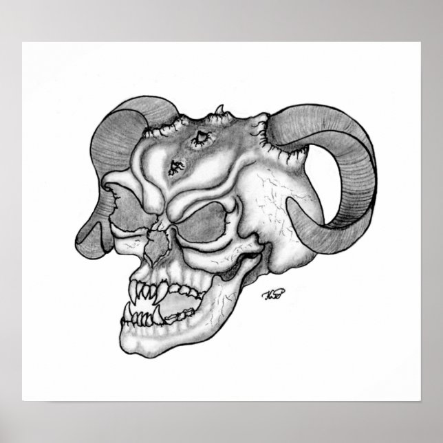 Affiches Teufelschädel schwarz weiß Zeichnung (Devant)