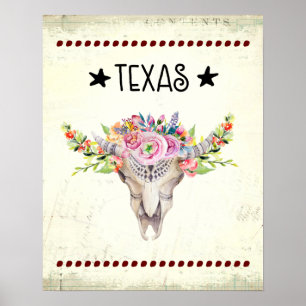 Affiches Texas Boho Crâne de vache avec fleurs chic tendanc