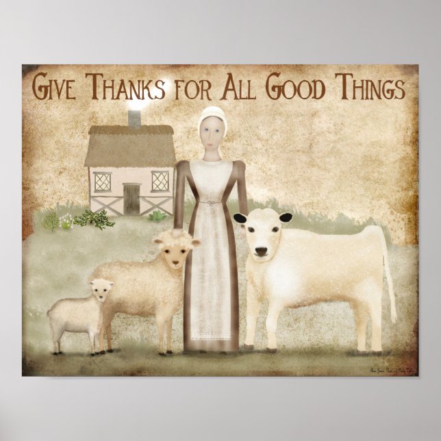 Affiches Thanksgiving Folk Art Pilgrim hôtesse cadeau faveu (Devant)