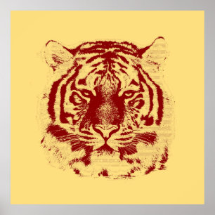 Affiches Tiger Face Vintage rouge et jaune