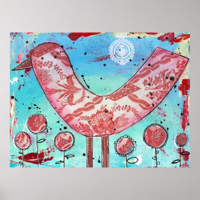 Affiches Tissu mixte vintage Red Bird Imprimer (Devant)