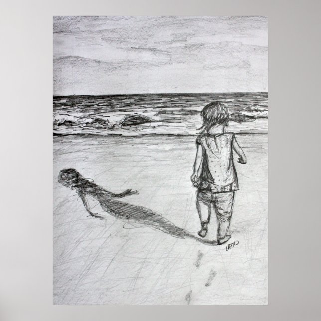 Affiches Toddler sur la plage crayon dessin d'art Imprimer (Devant)