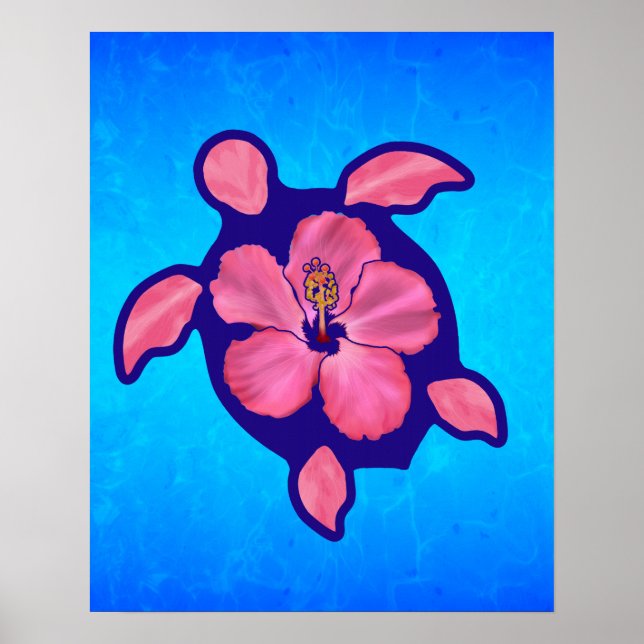 Affiches Tortue de Honu hawaïenne et Hibiscus (Devant)