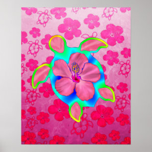 Affiches Tortue luth tropicale et Hibiscus