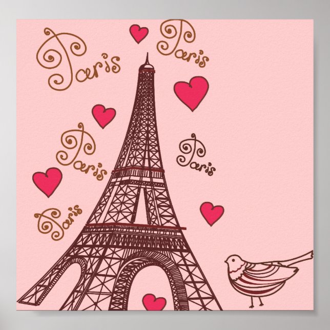 Affiches Tour Eiffel et Coeurs en rose (Devant)