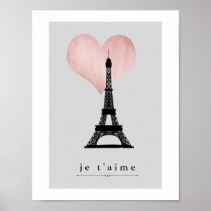 Affiches Tour Eiffel Paris avec Coeur d'or Rose Je T'aime