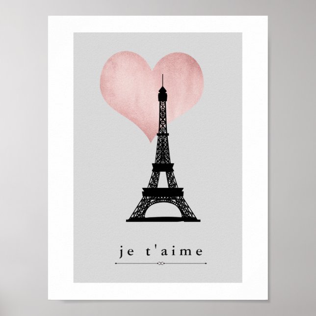 Affiches Tour Eiffel Paris avec Coeur d'or Rose Je T'aime (Devant)