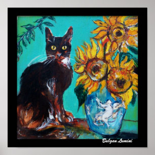 AFFICHES TOURNESOLS AVEC CHAT NOIR EN TURQUOISE BLEU
