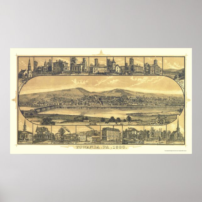 Affiches Towanda, PA Carte panoramique - 1880 (Devant)