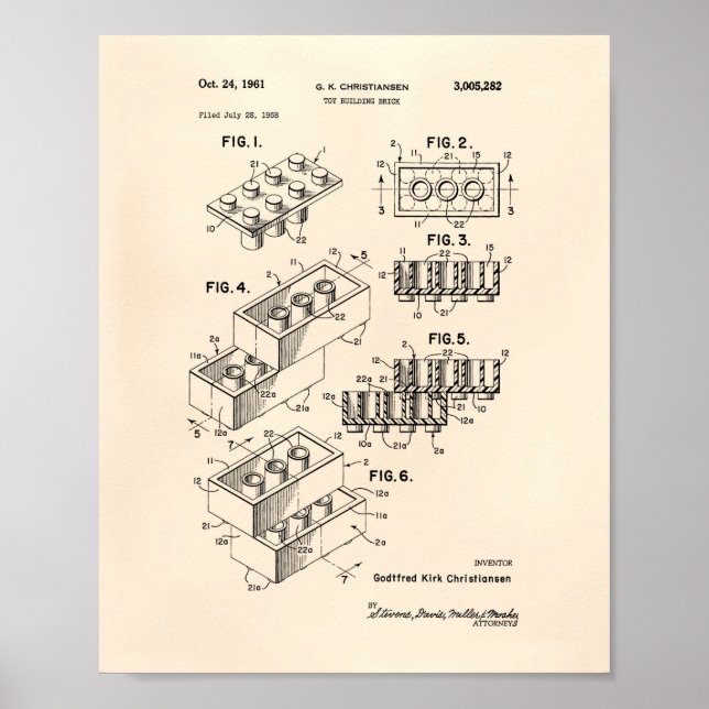 Affiches Toy Building Brick 1961 Patent Art - Old Peper (Devant)