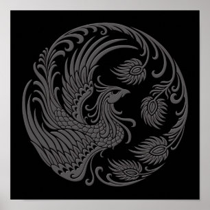 Affiches Traditional Grey Phoenix Circle on Black