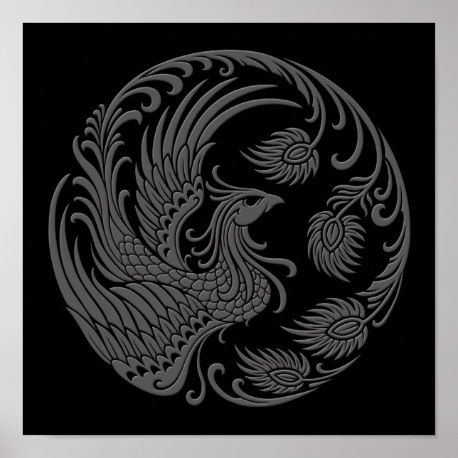 Affiches Traditional Grey Phoenix Circle on Black (Devant)