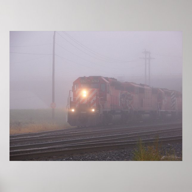 Affiches Train de marchandises circulant dans le brouillard (Devant)