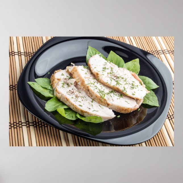 Affiches Tranches de viande de poulet cuites sur une plaque (Devant)