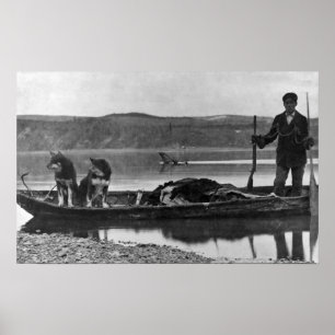 Affiches Trappeur dans le canoë avec des peaux et des
