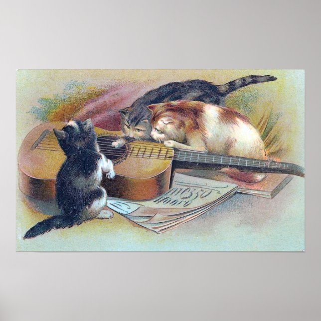 Affiches Trois chatons et une guitare Illustration Vintage (Devant)