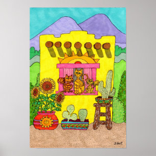 Affiches Trois chats dans un Adobe House jaune