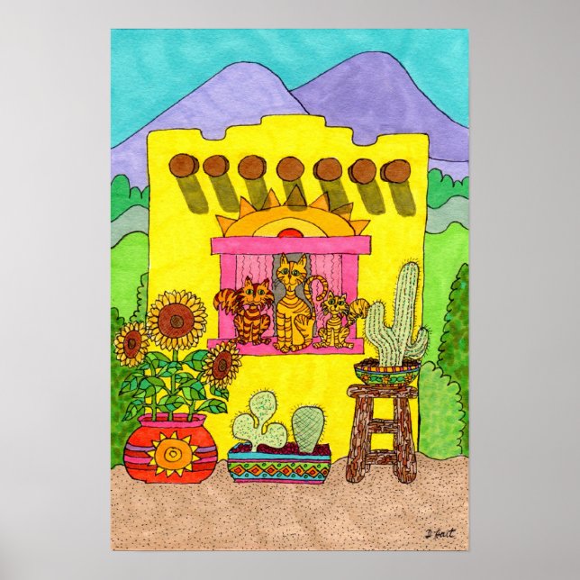 Affiches Trois chats dans un Adobe House jaune (Devant)