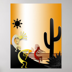 Affiches Trois Kokopellis et un Cactus